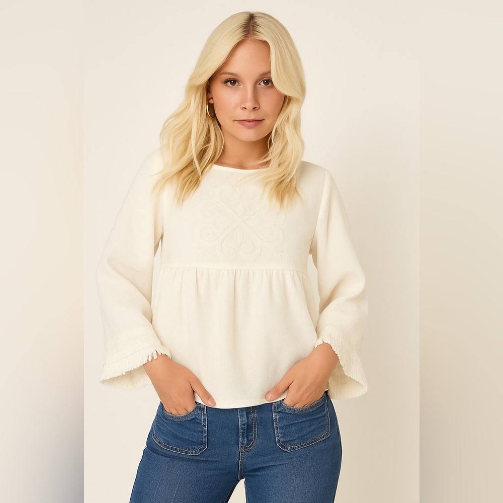 Maria Filo NWT Linen Blend Peasant Blouse Embroidered Fringe Tassel L